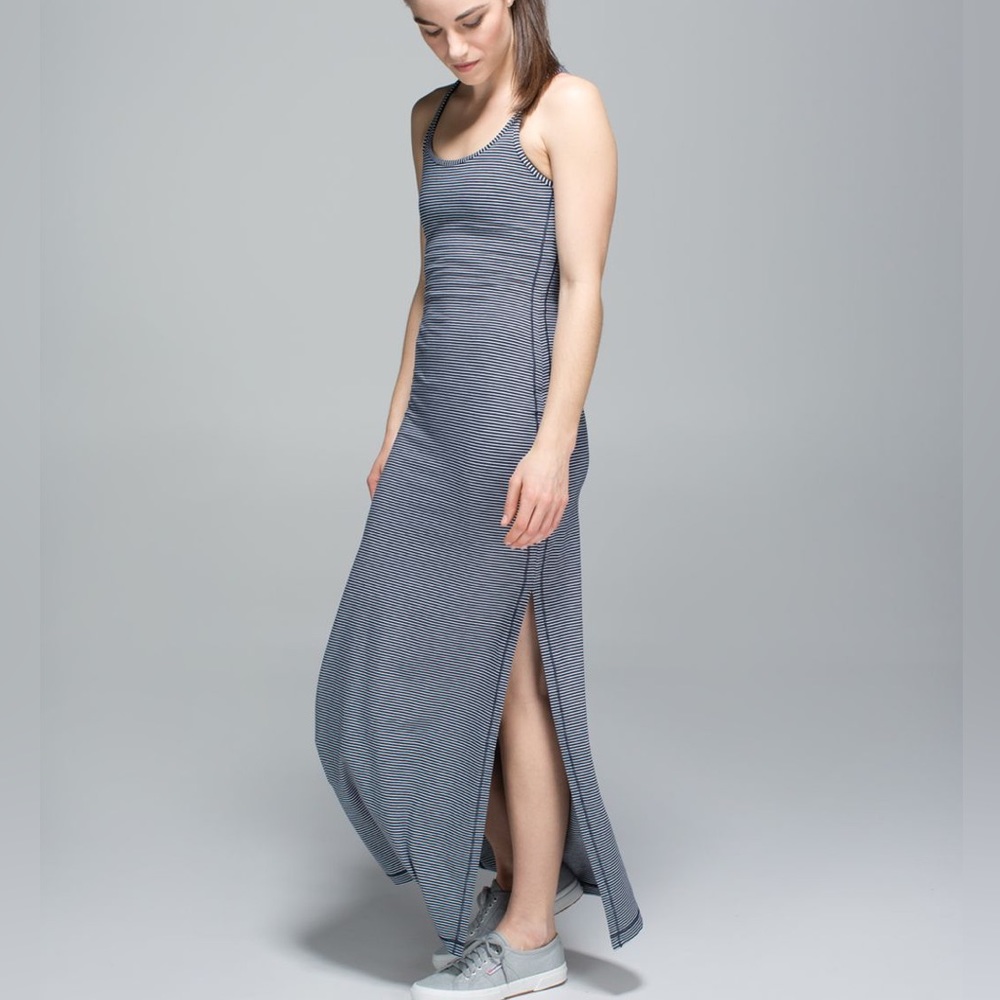 Sleeveless Navy Stripe Maxi Dress with Side Slit